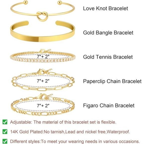 14K Real Gold Plated Bangle Cuff Bracelet Set Gold Beaded Tennis Paperclip main image 4